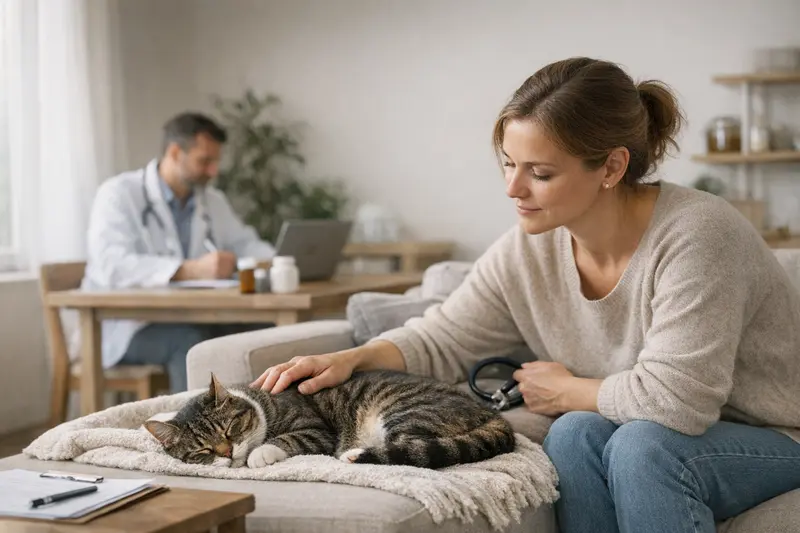 Schlafende Katze als Symbol für Gesundheit Eine schlafende Katze, die auf ihrem Rücken liegt und entspannt wirkt, symbolisiert Gesundheit und Vorsorge.