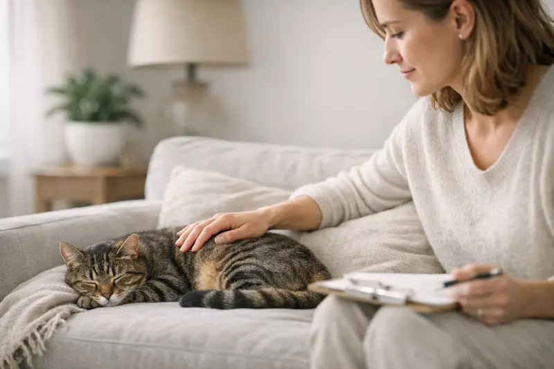 Gesunde Schlafpositionen von Katzen Katzen schlafen in verschiedenen entspannenden Positionen auf einer Fensterbank.