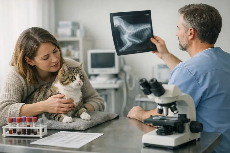 Katzenkrankenversicherung und Diagnostik Ein Kater bei einer tierärztlichen Untersuchung, während sein Blutbild analysiert wird.