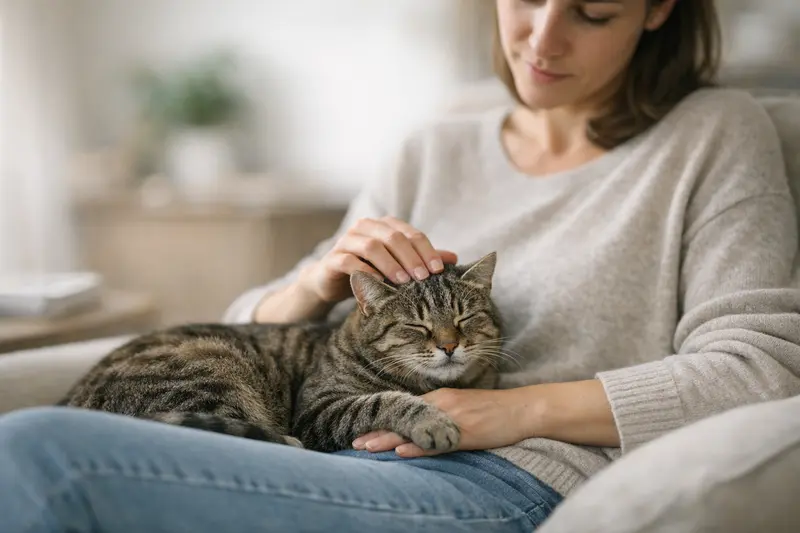 Schnurrende Katze als Zeichen von Wohlbefinden Eine Katze schnurrt auf einer Couch und zeigt entspannte Körperhaltung.