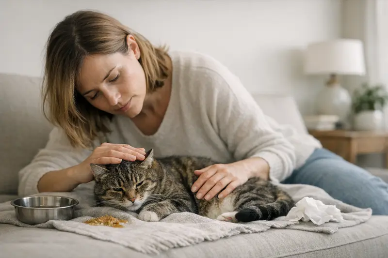 Katzengesundheit erkennen Eine Katze mit erkälteten Symptomen, die in der Nähe eines Tierarztes sitzt, als Zeichen für eine notwendige Gesundheitsüberprüfung.