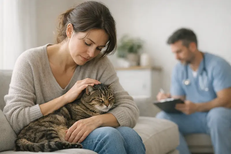 Katze schnurrt und könnte Schmerzen haben Eine katzenliebende Person untersucht eine schnurrende Katze auf Anzeichen von Schmerzen.