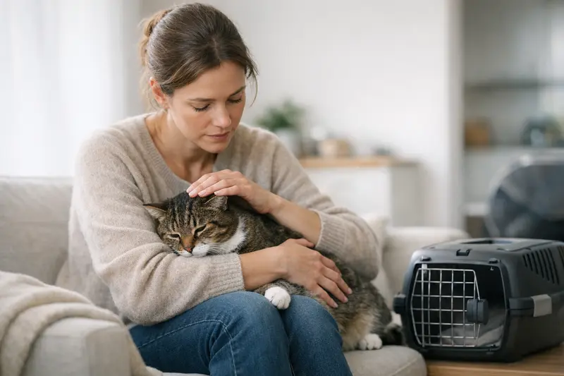Schnurrende Katze und Tierarztbesuch Eine schnurrende Katze, die auf einem Sofa liegt, zeigt Anzeichen von Unwohlsein, was Tierhaltern verdeutlicht, wann ein Tierarztbesuch notwendig ist.
