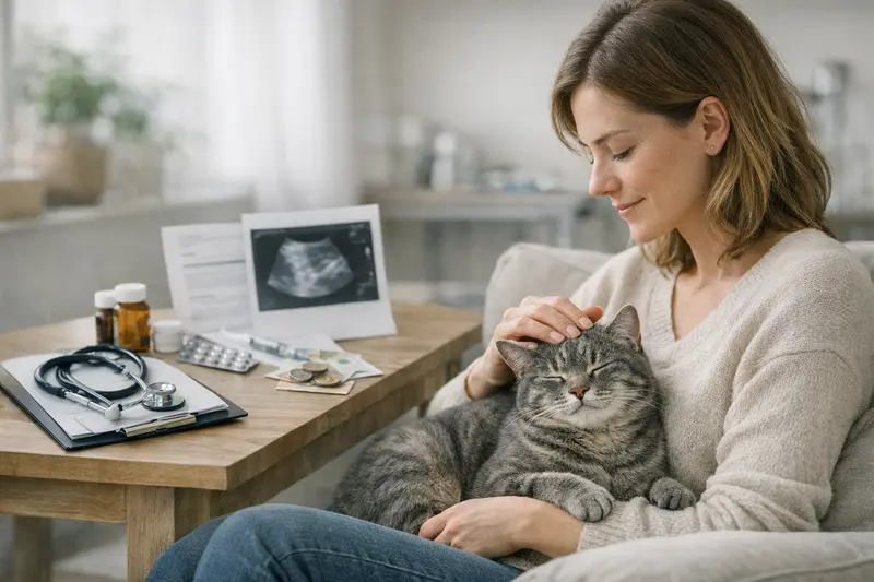 Katzengesundheit und Versicherungsschutz Eine glückliche Katze auf einem Tisch beim Tierarzt, die sich entspannt fühlt, symbolisiert die Wichtigkeit von Katzenversicherungen für Tierarztkosten.