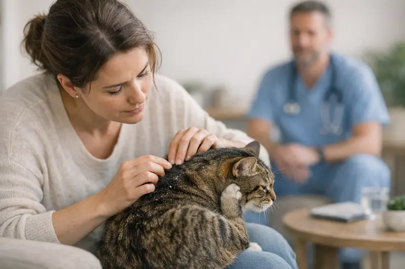 Katze mit Schuppen - Tierarztbedarf? Eine Katze mit Schuppen im Fell, die entspannt auf einer Fensterbank liegt und beobachtet.
