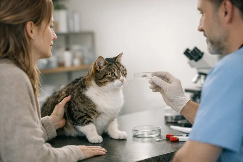 Diagnostik bei Katzenkrankenversicherung Tierarzt untersucht Katze auf Hautkrankheiten und führt Hautgeschabsel durch