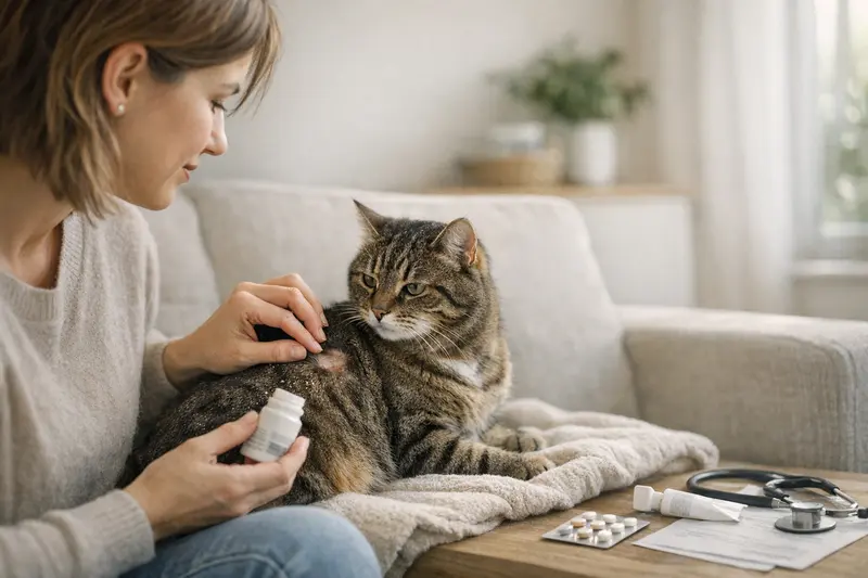 Tierarztbesuch bei Hautproblemen der Katze Eine Katze mit schuppiger Haut wird vom Tierarzt untersucht, um die besten Tarifmerkmale für Versicherungen bei Hautproblemen zu erläutern.