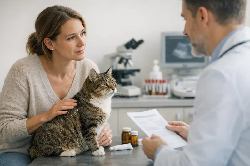 Eine Katze beim Tierarzt zur Untersuchung von Hautproblemen.