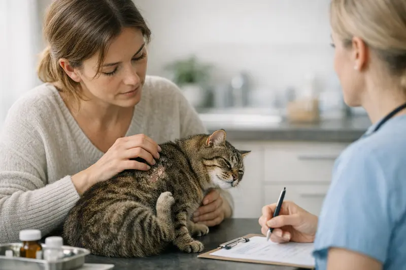 Katzenhautprobleme und OP-Versicherung Katzenbesitzerin untersucht die Haut ihres katzenfreundlichen Tieres auf Schuppen und Juckreiz