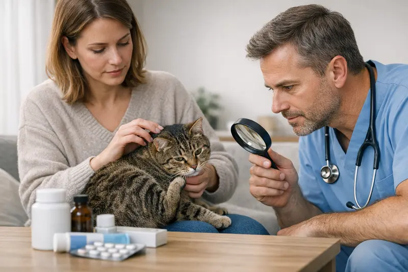 Tierarztbesuch bei Hautproblemen Ein veterinärmedizinischer Check-up mit einer Katze, die unter Hautproblemen leidet.