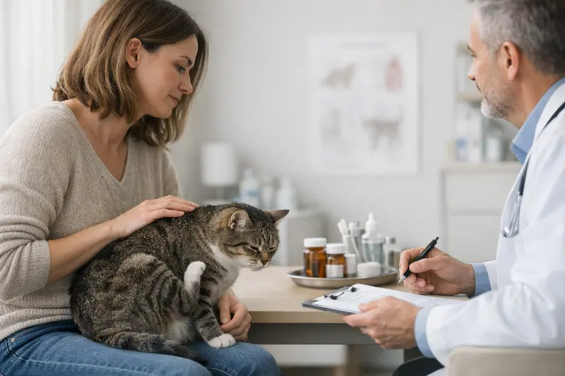 Tierarztbesuch bei Hautproblemen einer Katze Katzenarzt untersucht eine Katze mit Hautproblemen wie Schuppen und Juckreiz.