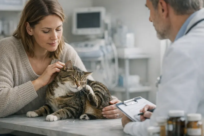 Tierarztbesuch bei Hautproblemen der Katze Tierarzt untersucht eine Katze mit Hautproblemen wie Schuppen und Juckreiz.