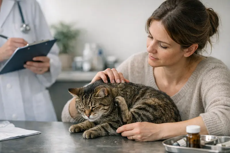 Tierarztbesuch bei Hautproblemen bei Katzen Tierarzt untersucht eine Katze mit Hautproblemen wie Schuppen und Juckreiz.