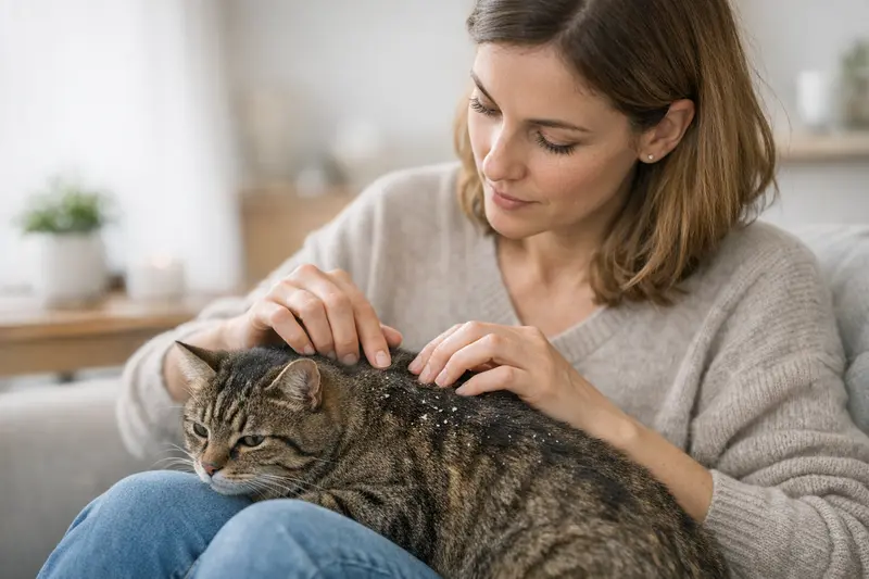 Schuppen bei Katzen während des Fellwechsels Katzenfell mit feinen Schuppen, das auf einen Fellwechsel hindeutet.
