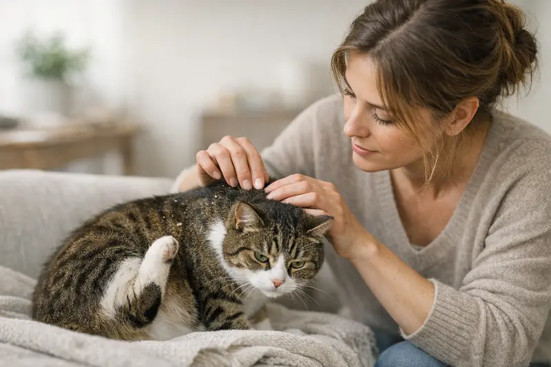 Schuppen bei Katzen – Wann ist ein Tierarztbesuch nötig? Eine Katze mit Schuppen auf dem Fell sitzt entspannt auf einem Tisch.