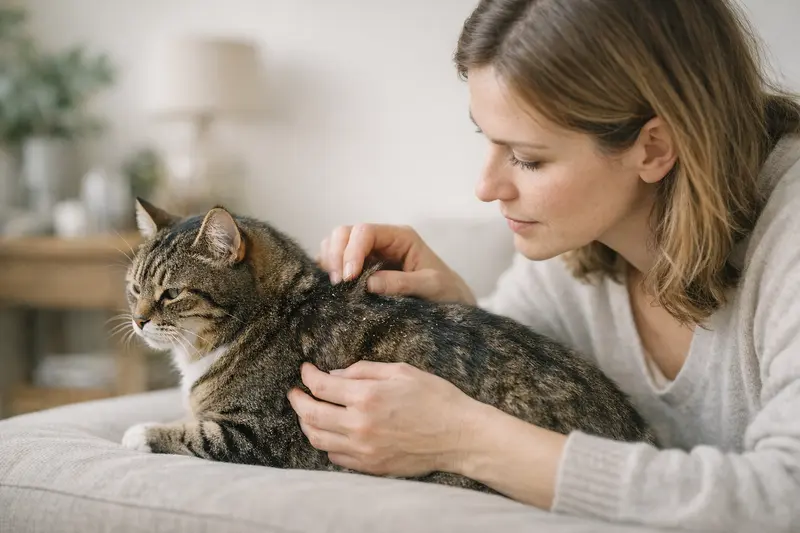 Schuppen bei Katzen - Ursachen und Bedeutung Eine Katze mit Schuppen im Fell, die unruhig aussieht und auf einen Tierarztbesuch hinweist.