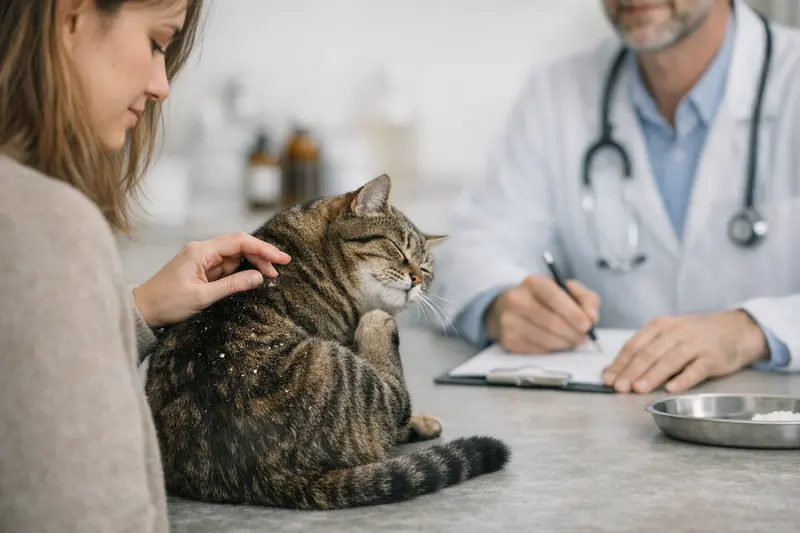 Schuppen bei Katzen Schuppen auf dem Fell einer Katze, die auf den Ursachen und Behandlungsmöglichkeiten für Schuppen hinweist.