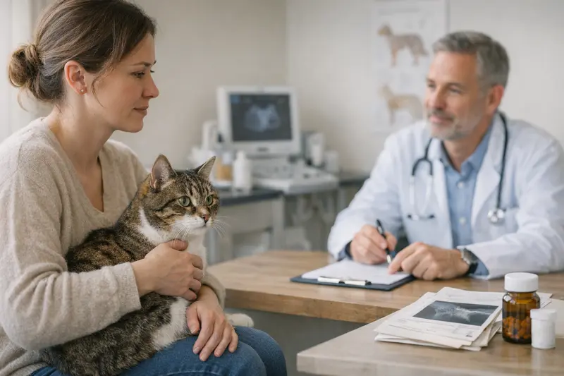 Kostenunterschiede Tierarztbesuche bei Katzen Eine Katze beim Tierarzt, die untersucht wird, während ihre Halterin besorgt schaut.