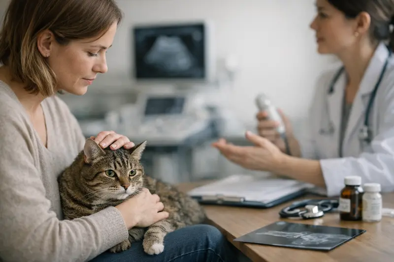 Eine Katze sitzt entspannt beim Tierarzt, umgeben von medizinischen Geräten.