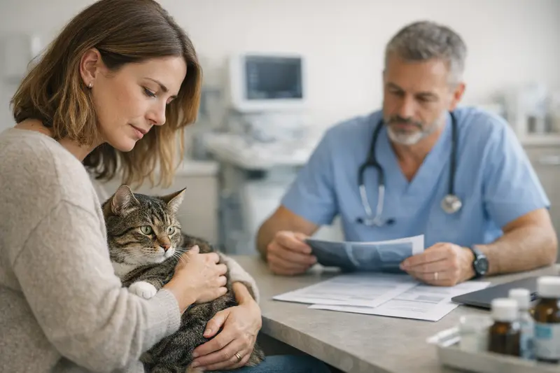 Tierarztkosten Katzen Gesundheitsuntersuchung Tierarzt bei der Untersuchung einer Katze zur Klärung der Ursache von Gesundheitsproblemen