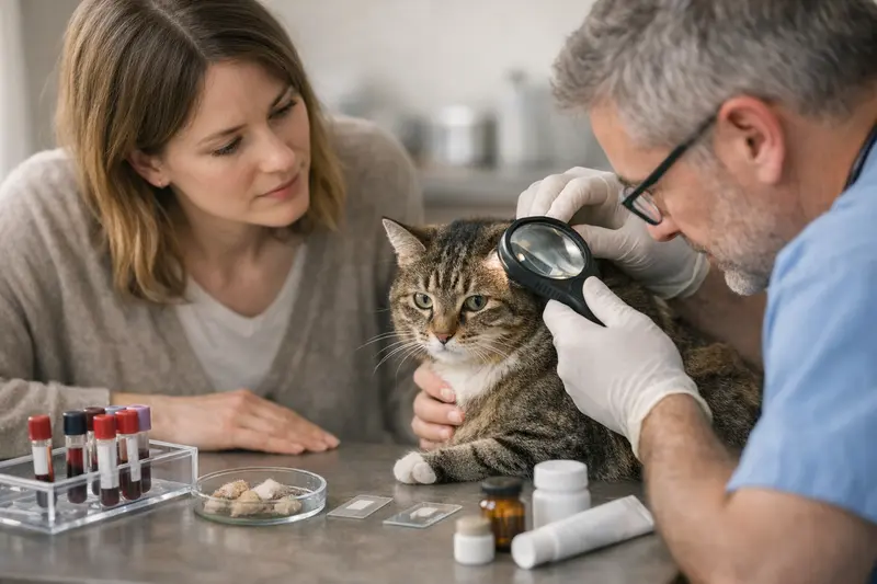 Tierarztbesuch bei Hautproblemen von Katzen Tierarzt untersucht eine Katze auf Hautprobleme, während der Besitzer aufmerksam zusieht