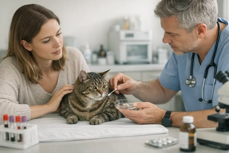 Tierarzt untersucht die Haut einer Katze auf Probleme und gibt Empfehlungen.