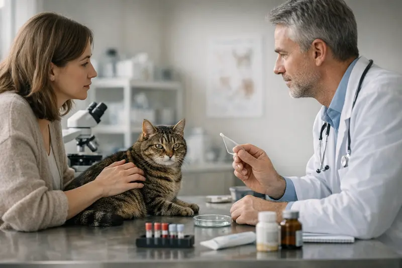 Tierarztleistungen bei Katzenhautproblemen Tierarzt bei der Untersuchung einer Katze mit Hautproblemen.