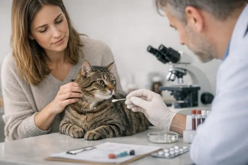 Eine Katze wird von einem Tierarzt auf Hautprobleme untersucht.