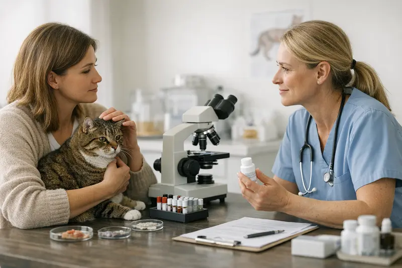 Tierarzt untersucht eine Katze mit Hautproblemen, während der Halter aufmerksam zuschaut.