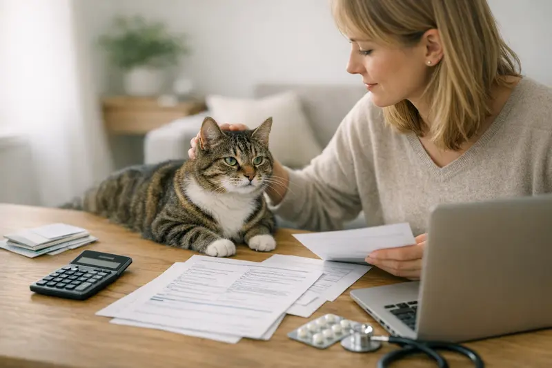 Wichtige Tipps für den Tarifvergleich von Katzenversicherungen Eine Katze sitzt neugierig an einem Tisch mit verschiedenen Versicherungsunterlagen.
