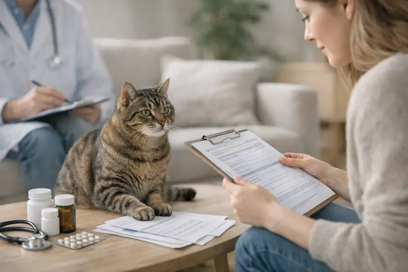 Ein Tierarzt untersucht eine Katze auf gesundheitliche Beschwerden zur Vorbereitung eines Versicherungsvergleichs