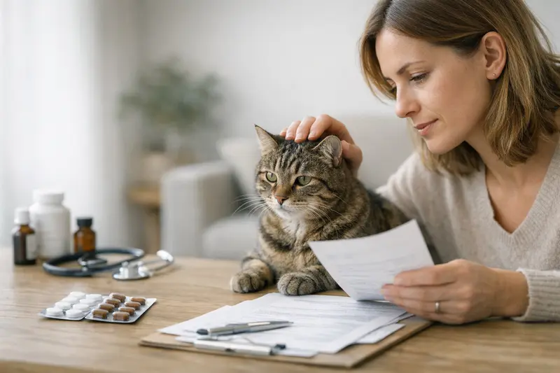 Katzenbesitzer vergleicht verschiedene Versicherungsangebote für seine Katze auf einem Tablet.