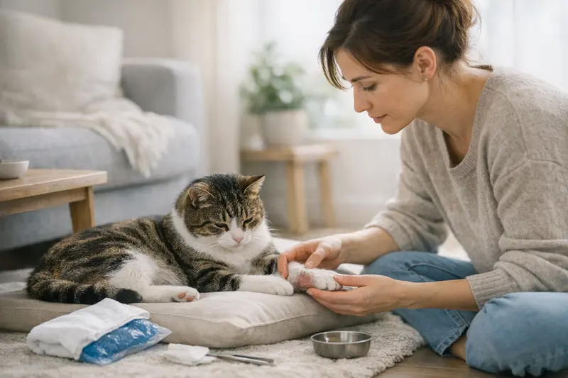 Eine Katze mit geschwollenem Bein wird vorsichtig beobachtet, um mögliche Verletzungen zu vermeiden.
