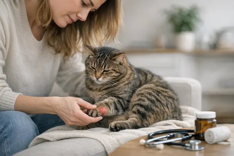 Katzenbein Schwellung Notfall Eine Katze mit einer Schwellung am Bein, die auf mögliche Gesundheitsprobleme hindeutet.