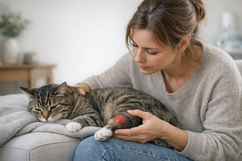 Katzenabszess bei Schwellungen erkennen Eine Katze mit einer kleinen Schwellung am Bein, die auf einen möglichen Abszess hinweist.