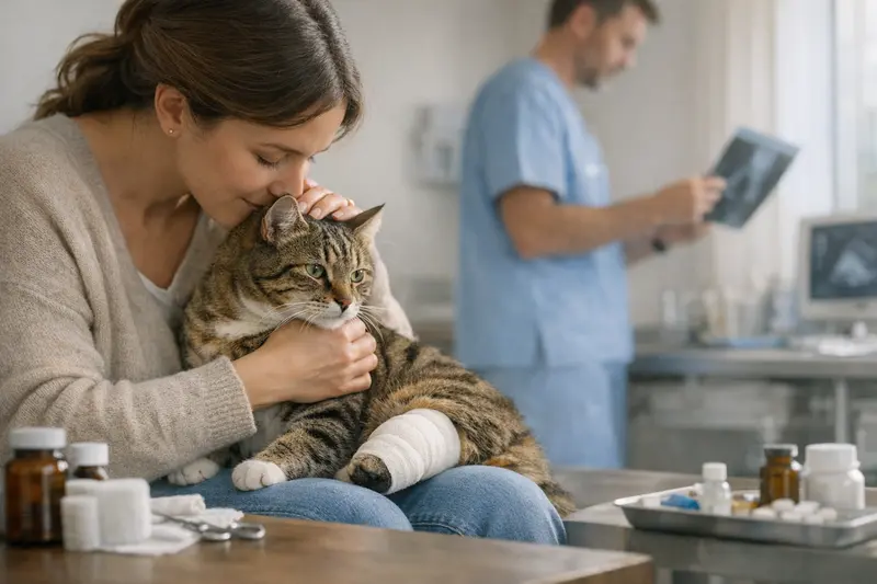 Eine Katze mit geschwollenen Beinen, die sich auf eine tierärztliche Behandlung vorbereitet.