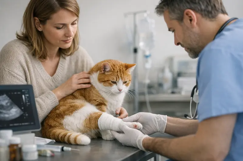 Tierarztbesuch bei Schwellung am Katzenbein Tierarzt untersucht schmerzhafte Schwellung am Bein einer Katze.