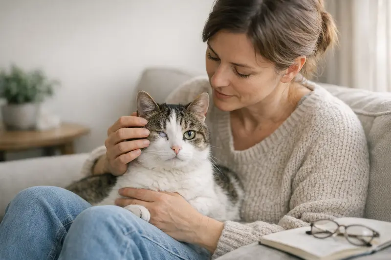 Katzengesicht mit Sehproblemen Katzengesicht mit Sehproblemen zeigt schüchternen Blick zur Kamera.