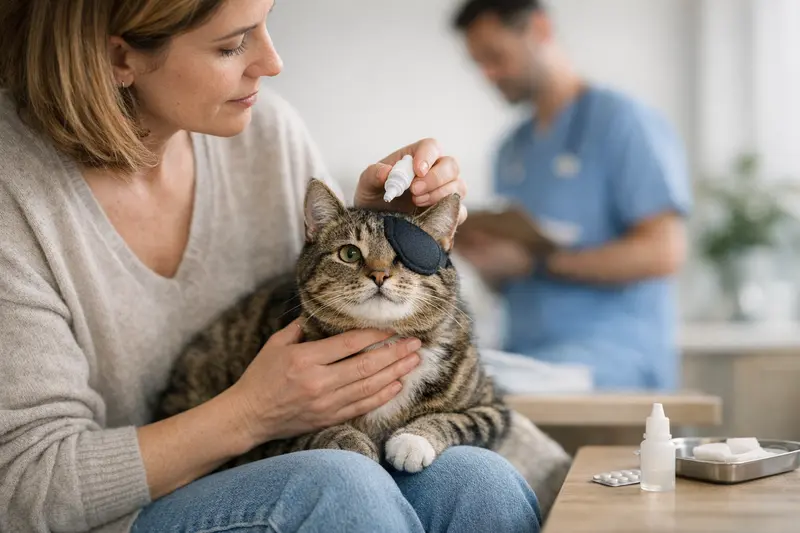 Augen-OP bei Katzen Katzenärztin untersucht eine Katze nach einer Augenoperation.