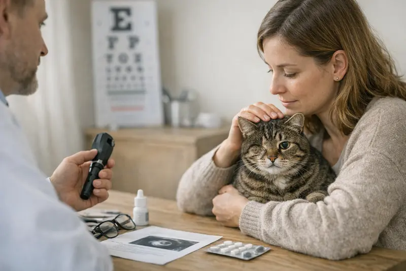 Ängstliche Katze mit Augenproblemen Katzengesicht mit einem besorgten Blick aufgrund von Augenproblemen.