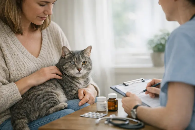 Eine Katze bei einem Tierarzttermin zur Gesundheitsuntersuchung.