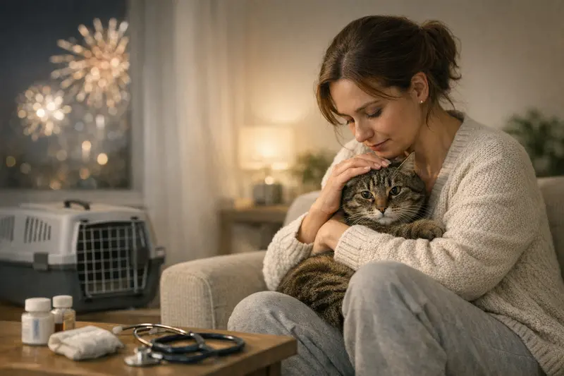 Katzen und Silvester: Vorsorge in der Versicherung Eine Katze schaut neugierig während der Silvesterfeierlichkeiten, was die Wichtigkeit von Vorsorge in der Tierversicherung verdeutlicht.