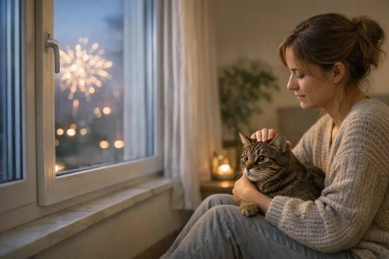 Eine Freigänger-Katze sitzt beruhigt in einer Wohnung während Silvesterknallern.