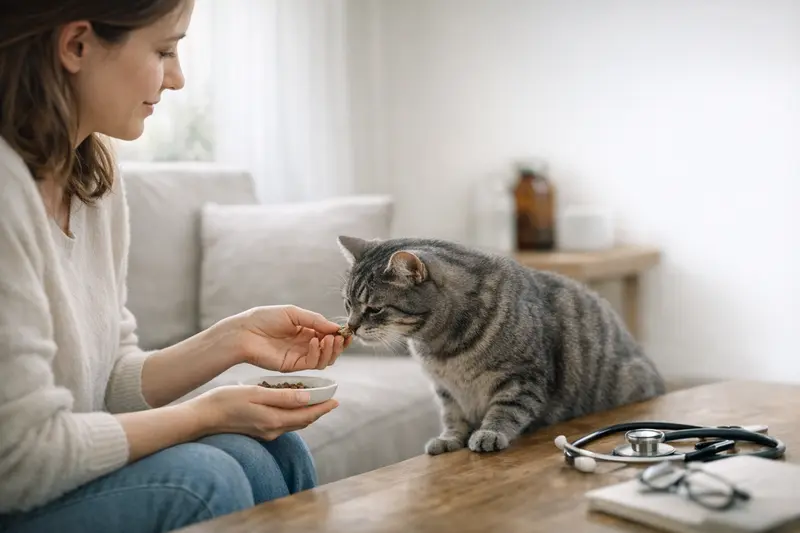 Katzensnacks für verantwortungsvolle Fütterung Eine Katze genießt vorsichtig zubereitete Snacks, die zur Gesundheitsvorsorge beitragen.