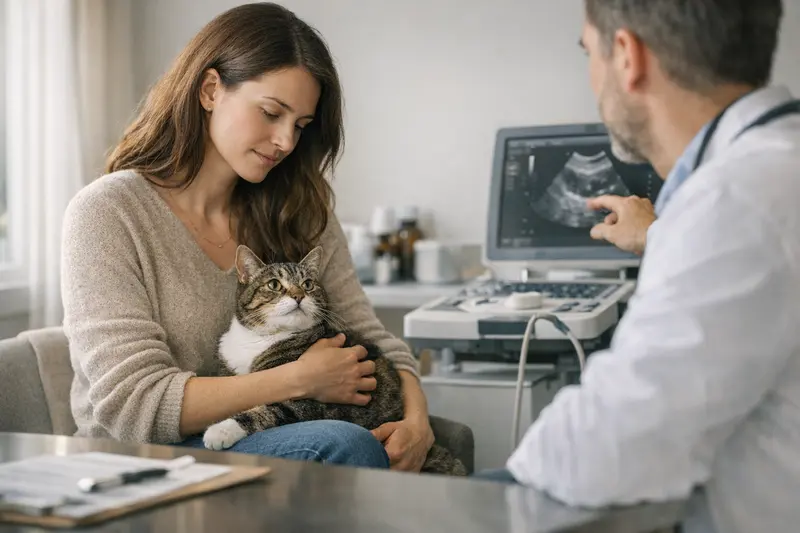 Tierärztliche Diagnostik vor einer Katzen-OP Tierarzt untersucht eine Katze vor einer Operation, zeigt diagnostische Maßnahmen zur OP-Versicherung