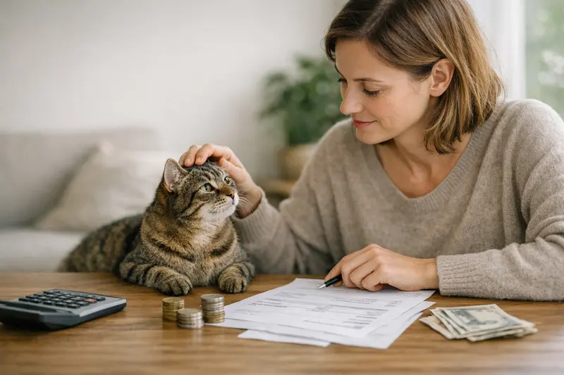 Eine Katze sitzt vor einem Tierarzt und zeigt Interesse an einer Gesundheitsberatung zur Selbstbeteiligung in der Tierkrankenversicherung.