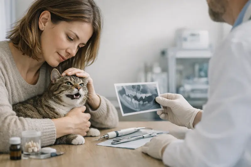 Zahnuntersuchung bei einer Katze Eine Katze in einem Tierarztbesuch, während eine Zahnuntersuchung durchgeführt wird.
