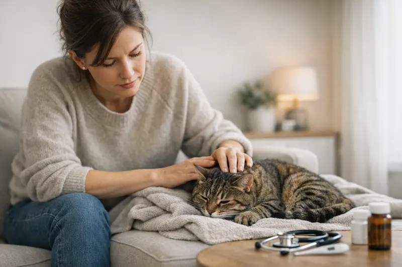 Tierarztbesuch wegen Erbrechen der Katze Eine besorgte Tierhalterin mit ihrer Katze, die Anzeichen von Erbrechen zeigt.