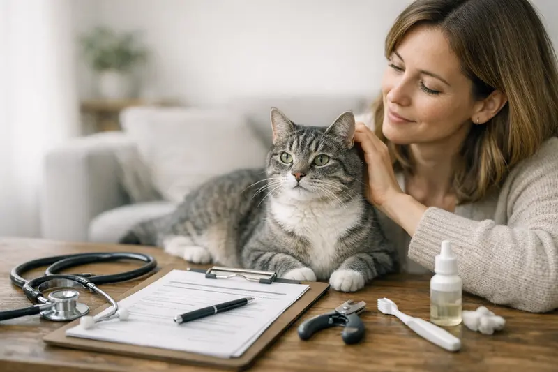Tarifvergleich Katzenversicherung Eine Katze sitzt neugierig vor einem Laptop, während ein Besitzer die verschiedenen Versicherungsangebote für Katzen vergleicht.
