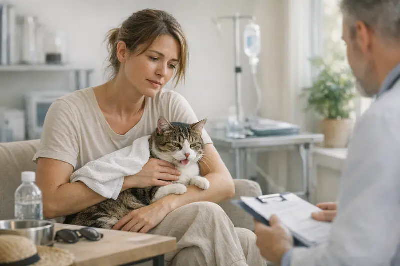 Eine gesunde Katze entspannt und trinkt Wasser an einem heißen Sommertag, um Dehydrierung vorzubeugen.
